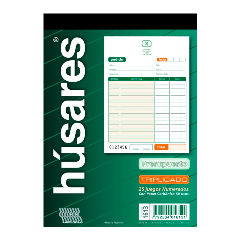 Talonario Presupuesto triplicado 1613 Húsares, 14x19,5 cm. 25 hojas