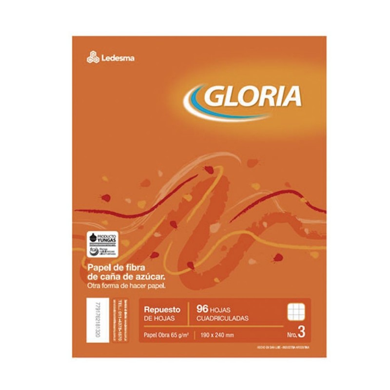 Repuesto Gloria, 96 hojas cuadriculadas
