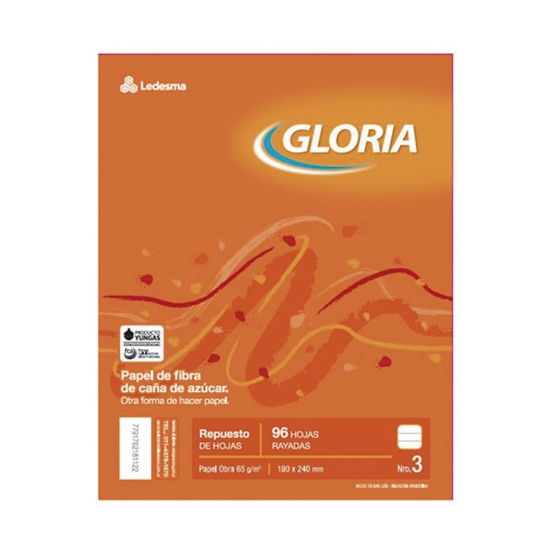 Repuesto Gloria, 96 hojas rayadas