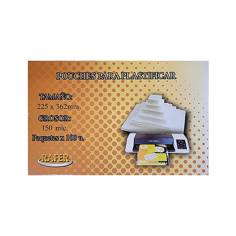 Sobre para plastificado, 150 micrones Rafer, 225 x 362mm. pack de 100 unidades