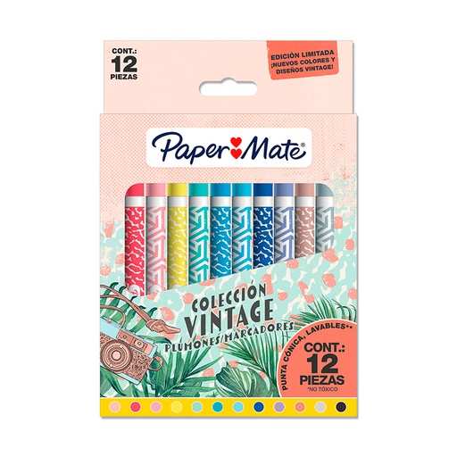 [PAPERMARCVIN12] Marcadores Plumón de punta cónica Paper Mate Colección Vintage, caja de 12 colores