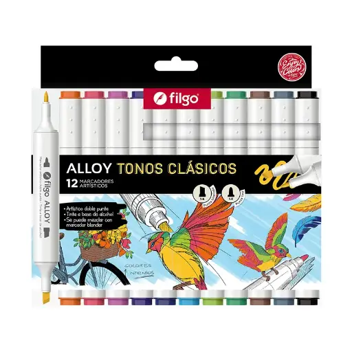 [FILGOMARDOBLPTA] Marcador Doble Punta Filgo Alloy Colores Clásicos, 12 colores 